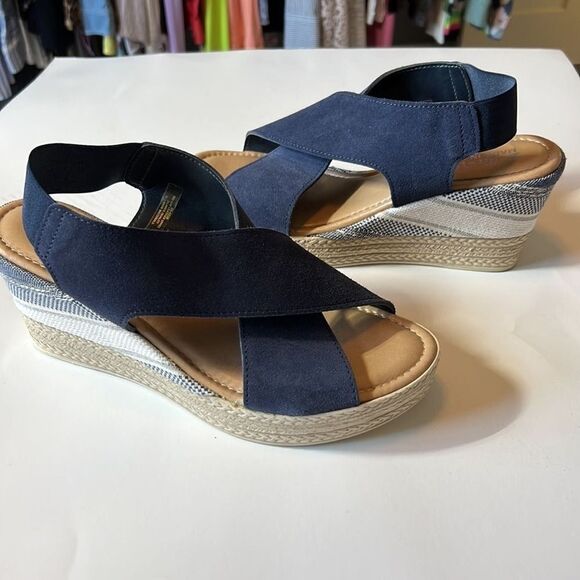 BELLA ~ VITA Women’s Leather Suede Platform Wedge Open Toe Sandal Blue Size 10 - Picture 2 of 13